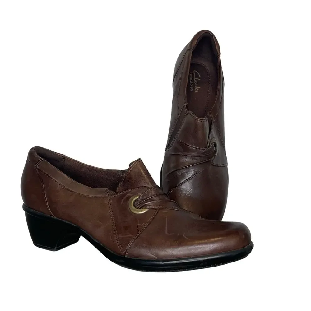 Clarks Bendables Pump Round Toe Chocolate Brown Buttery‎ Leather Comfort Career